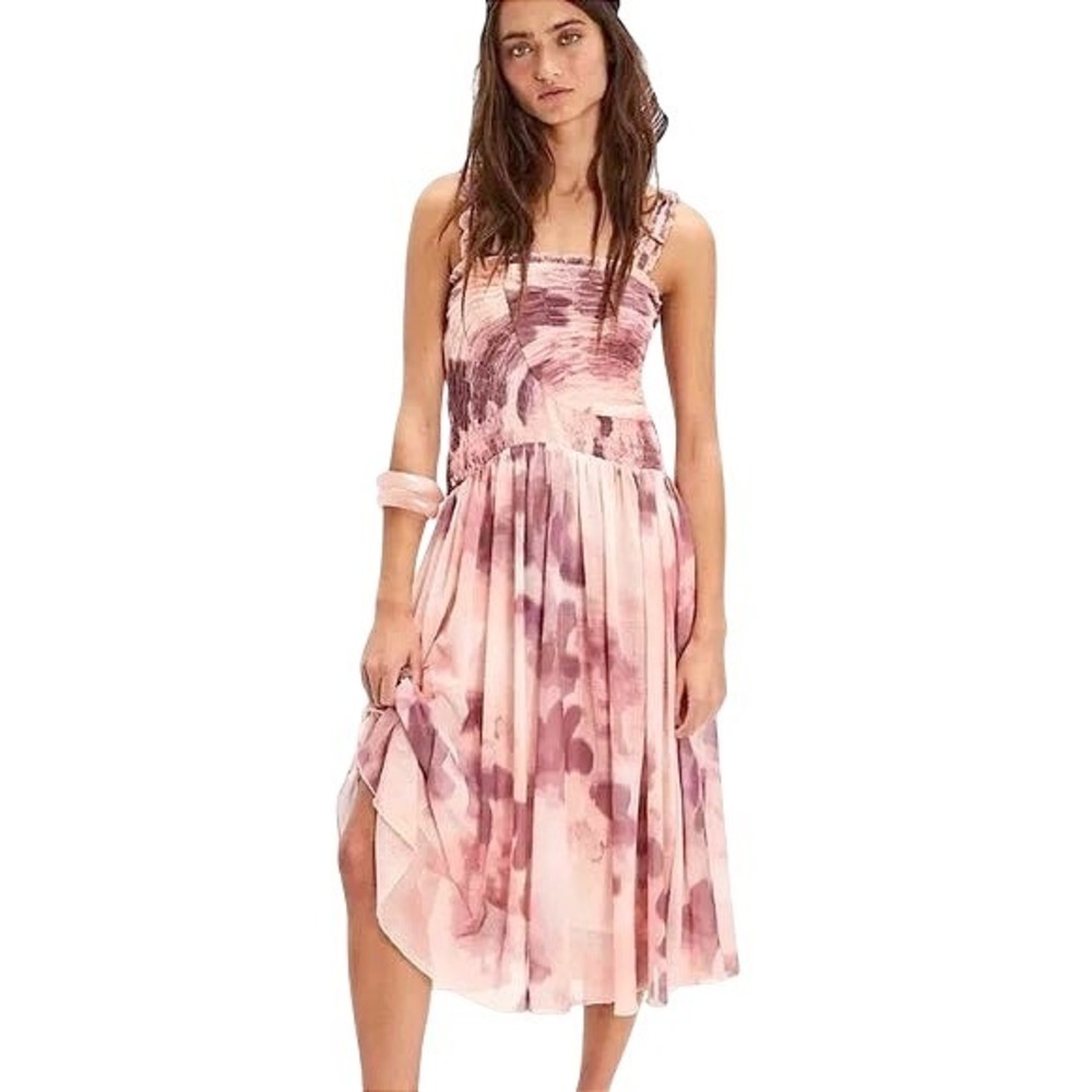 Free People Midi Dress Pink Floral Boho Smocked Mesh Ruffle Sleeveless S